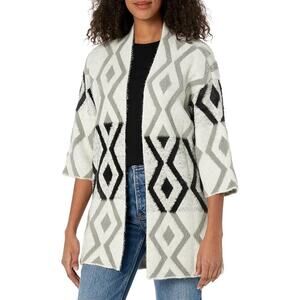 Multiples Gray Black White Three Quarter Sleeve Drop Shoulder Knit Open Cardigan